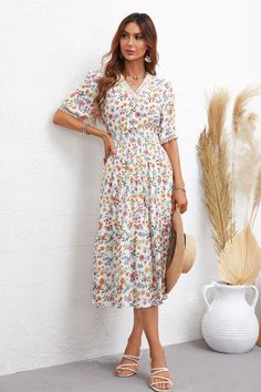 Women Dress Best Short Sleeve Printed Dress – Cloth Arlo V-neck Floral Dress With Ditsy Print, Flowy A-line Lined Midi Dress, Summer V-neck Dress With Ditsy Floral Print, Bohemian A-line Midi Dress For Garden Party, Multicolor V-neck Ditsy Floral Dress, Ditsy Floral Print V-neck Sundress, Elegant V-neck Midi Dress With Ditsy Floral Print, V-neck Midi Dress With Ditsy Floral Print For Summer, V-neck Sundress With Ditsy Floral Print