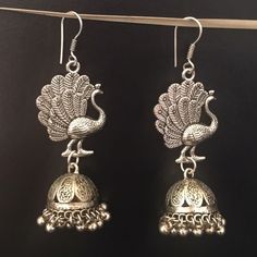 Made Of White Metal Antique Silver Look High In Quality Hanging Earrings In Jhumki Style 20 Gm/0.9oz 3" Long And 0.8" " Wide Only 5 Pcs In Stock Dancing Peacock, New Fashion Earrings, Lavender Earrings, Gold Star Earrings, Earrings Hanging, Silver Star Earrings, Diamond Shape Earrings, Peacock Earrings, Knot Stud Earrings