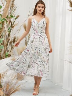 MissJophiel Women Spaghetti Straps V Neck Chiffon Print Floral Ivory Tea Length Formal Gown Formal Gown, Tea Length, Formal Gowns, Above Knee, Floral Printed, Puff Sleeves, Dress Making, Graduation Dress, High Low Dress