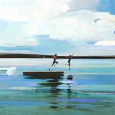 two people jumping into the water from a dock