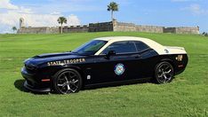 a black and white police car parked in the grass