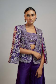 Gopi Vaid | Purple Sanya Jacket And Palazzo Set | INDIASPOPUP.COM Traditional Coord Sets, Designer Sets With Resham Embroidery And Long Sleeve, Designer Long Sleeve Sets With Resham Embroidery, Silk Fitted Pant Set For Reception, Fitted Silk Pant Set For Reception, Elegant Silk Palazzo Set With Unstitched Blouse, Transitional Palazzo Set For Reception, Designer Brocade Palazzo Set, Festive Silk Palazzo Set With Set-in Sleeves