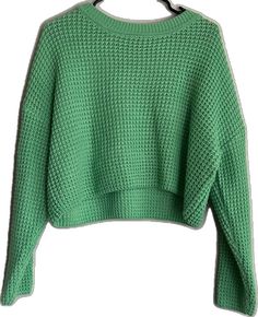 Green Long Sleeve Textured Cropped Sweater, Trendy Green Chunky Knit Top, Casual Textured Knit Cropped Sweater, Green Textured Knit Cropped Sweater With Crew Neck, Casual Textured Knit Stretch Cropped Sweater, Oversized Green Cropped Sweater For Spring, Casual Stretch Textured Knit Cropped Sweater, Trendy Knitted Cropped Sweater For Spring, Casual Green Chunky Knit Sweater