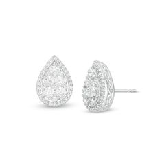 Sparkling with anytime appeal, these diamond stud earrings are a must-have for her jewelry wardrobe. Fashioned in 14K white gold, each sumptuous earring showcases a pear-shaped composite of diamonds - the largest two being 1/15 ct. each - wrapped in a frame of dainty diamonds. Captivating with 1 ct. t.w. of diamonds and a bright polished shine, these post earrings secure comfortably with friction backs. Timeless Pear-shaped Diamond White Earrings, Fine Jewelry White Gold Pear Diamond Earrings, Fine Jewelry Pear Shaped White Gold Diamond Earrings, Fine Jewelry White Pear Diamond Earrings, White Diamond Accented Pear-shaped Teardrop Earrings, White Diamond-accented Teardrop Earrings, White Bridal Earrings With Diamond Accents, Pear-shaped, Classic White Teardrop Earrings With Diamond Accents, Pear-shaped White Gold Diamond Earrings