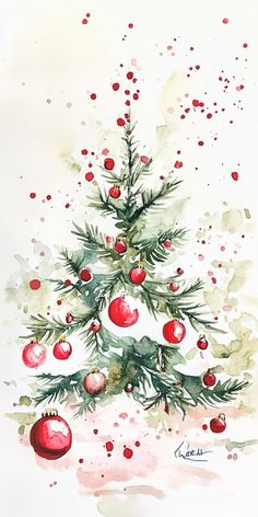 a watercolor painting of a christmas tree with red balls and greenery on it