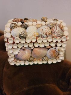 shells and seashells are stacked on top of each other in a decorative box