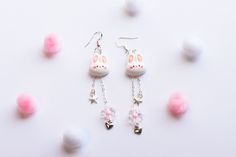 "♥ White bunny machine earrings ♥ Cute dangles with fun, colorful candy dangle parts. Perfect for kawaii bunny jewelry lovers! ♥ Hypoallergenic 925 sterling steel earring hooks ♥ Lightweight and easy to wear ♥ Size: 2.5\" ♥ Material: 3d printed See more earrings at my shop: etsy.com/shop/sehreensartlab" White Kawaii Jewelry With Cute Design, Sweet White Jewelry With Cute Design, Kawaii Pink Dangle Earrings, Handmade Kawaii Dangle Earrings, Handmade Cute Plug Earrings For Gift, Handmade Kawaii Dangle Jewelry, Cute Handmade Plug Earrings For Gift, Kawaii Drop Earrings As Gift, Cute Drop Plug Earrings As Gift