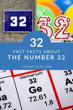 the number 32 with balloons in the background and text overlay that reads, 52 fast fact about the number 32