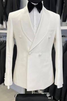 Chad Simple White Shawl Lapel Double Breasted Wedding Suits White Tuxedo Men, White Tuxedo Wedding, Gentlemen's Club, Mens Wedding Attire, Groomsmen Outfits, White Shawl, White Tuxedo, Dress Suits For Men, Designer Suits For Men