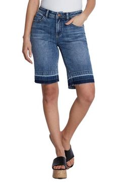 Partially made with sustainably sourced fibers, these stretchy Bermuda shorts feature a relaxed fit and released hems that create a modern silhouette. 11" inseam; 19" leg opening; 10 1/2" front rise Zip fly with button closure Five-pocket style 69% cotton, 27% REPREVE® recycled polyester, 3% rayon, 1% spandex REPREVE recycled polyester is made from 100% post-consumer recycled plastic bottles Machine wash, tumble dry Imported Denim Blue Stretch Straight Leg Shorts, Stretch Denim Blue Straight Leg Shorts, Stretch Straight Leg Denim Blue Shorts, Summer Recycled Denim Relaxed Fit Shorts, Relaxed Fit Medium Wash Bottoms With Built-in Shorts, Relaxed Fit Denim Bottoms With Frayed Hem, Relaxed Fit Recycled Denim Shorts For Summer, Denim Blue Bottoms With Built-in Shorts, Straight Leg, Medium Wash Relaxed Skort With Built-in Shorts