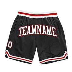 Custom Black White-Red Authentic Throwback Basketball Shorts Basketball Team Spirit Shorts For Sports Season, Basketball Team Spirit Shorts, Collegiate Short Athletic Shorts For Basketball, Collegiate Style Basketball Athletic Shorts, Team-colored Basketball Shorts, Collegiate Style Basketball Shorts, Sporty Shorts With Team Name For Sports Events, Collegiate Sports Team Shorts, Team-colored Athletic Shorts For Basketball Season