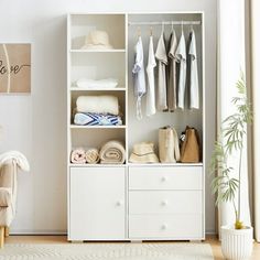 a white closet filled with clothes next to a chair and potted plant on top of a hard wood floor