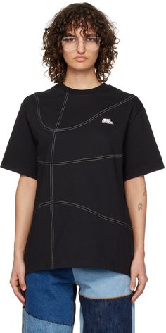 Cotton-blend jersey T-shirt. · Paneled construction · Rib knit crewneck · Logo bonded at chest · Dropped shoulders · Logo flag at back · Contrast stitching in white Supplier color: Black Ader Error, Knit Crewneck, Contrast Stitch, Jersey T Shirt, Rib Knit, Apparel Accessories, Cotton Blend, Women Wear, Flag