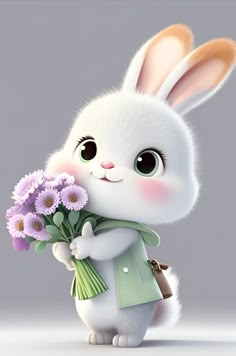 a white rabbit holding flowers in its paws