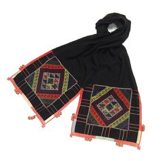 Vintage Hilltribe Scarf Hand-embroidered cotton Measures approx. 15" x 72" From Son La Area, Northern Vietnam Bohemian Shawl With Traditional Multicolor Embroidery, Bohemian Shawl With Multicolor Embroidery And Traditional Patterns, Bohemian Multicolor Shawl With Embroidered Border, Embroidered Multicolor Scarves For Festivals, Traditional Black Embroidered Scarf, Folk Style Embroidered Multicolor Shawl Dupatta, Folk Style Embroidered Multicolor Dupatta, Folk Style Multicolor Embroidered Dupatta Shawl, Multicolor Embroidered Folk Shawl Dupatta