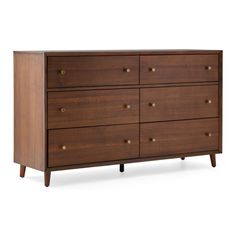 the chest of drawers is made from wood and has brass knobs on each drawer