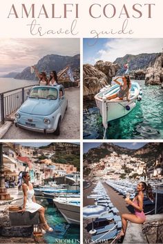 the amalfi coast travel guide is shown in four different pictures, including a car and