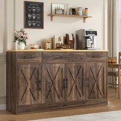 a coffee bar with wooden doors and shelves on the wall next to a dining room table