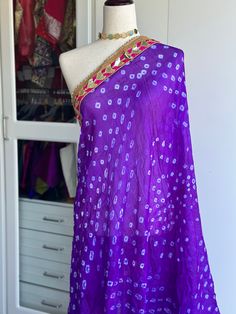 Bandini dupatta with gota Patti lace length 2.4 mtrs Designer Purple Dupatta With Gota Work, Bandini Dupatta, Fitted Gota Work Chinon Dupatta, Gotapatti Dupatta, Gota Patti Lehenga, Goddess Dress, Fancy Sarees, Cz Earrings, Printed Sarees