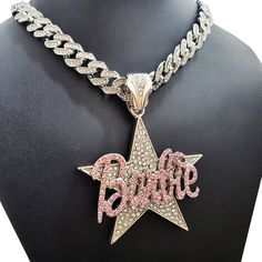 Women Silver Shiny Barbie Star Charm & Iced Cubic Zirconia Cuban Chain Necklace HIP HOP CELEBRITY STYLE BRAND NEW USA SELLER Product Description Hip Hop Iced Cuban Choker Chain : Hip Hop Celebrity Style Chain 13mm 16" 18" 20" Iced Cuban Chain Cubic Zirconia Stones Silver plated over alloy Pendant :  Hip Hop Celebrity Style Pendant Pendant Size : 55mm x 55mm Cubic Zirconia Stones Silver plated over alloy High Quality and polished. Payments: US Customers: Paypal accepted International Customers: Paypal accepted Shipping: For Shipping & Handling within the US: FREE We do combine shipping! We ship via USPS (Post office) First Class Mail Tracking Info will automatically be posted via Paypal and ebay. Approximate Delivery Times: US: 2-5 BUSINESS DAYS Canada: 1-2 weeks Europe: 1-6 weeks South Ame Iced Out Chains For Women, Icy Jewelry, Barbie Star, Cuban Choker, Ice Necklace, Iced Out Jewelry, Hip Hop Bling, Rapper Jewelry, Fancy Watches