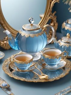 a blue tea set with two cups and saucers on a table next to a mirror