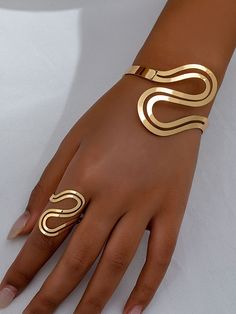 Geometric Hollow Solid Color Bracelet + Rings Accessories Two Pieces GOLD-One_size Gold Alloy Rings For Party, Gold Alloy Body Jewelry Gift, Elegant Gold Alloy Body Jewelry, Gold Alloy Body Jewelry For Party, Adjustable Metal Bangle Jewelry, Gold Alloy Open Ring Jewelry, Gold Alloy Ring Jewelry, Gold Alloy Ring, Metal Open Ring Jewelry For Party