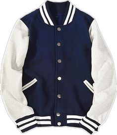 Varsity Track Jacket For Streetwear, Winter Cotton Varsity Jacket For Streetwear, Cotton Varsity Jacket For Winter Streetwear, Varsity Track Jacket With Long Sleeves For Streetwear, Varsity Long Sleeve Track Jacket For Streetwear, Casual Contrast Color Outerwear For College, Casual Track Jacket With Contrast Color For Fall, Casual Outerwear With Contrast Color For College, White Varsity Jacket With Button Closure