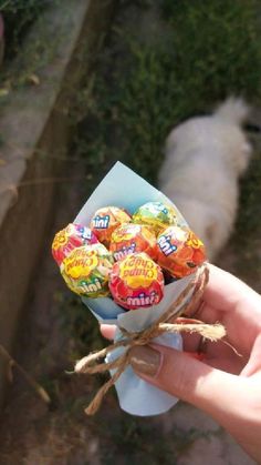 a person holding a bunch of candy wrapped in twine with a dog behind them