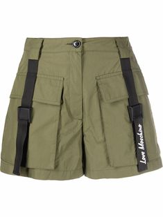 Sage-green/jet-black cotton-blend logo-tape pleated shorts from LOVE MOSCHINO featuring front button fastening, two diagonal pockets to the sides and pleat detailing. | Love Moschino Logo-Tape Pleated Shorts Luxury Cargo Shorts With Multiple Pockets, Shorts Design Ideas, Luxury Shorts With Side Pockets For Streetwear, Functional Green Shorts, Green Shorts With Side Pockets For Streetwear, Luxury Green Shorts With Pockets, Korean Shorts, Love Moschino Logo, Hans Holbein The Younger