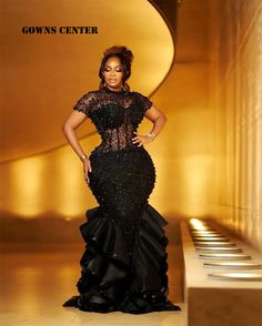 Black Short Sleeves Aso Ebi Luxury Evening Dresses 2024 Beaded Rhinestones Mermaid Party Gowns Serwaa Amihere, 30th Photoshoot, Wedding Reception Gowns, Groom Tuxedo Wedding, Lace Dress Classy, Cloth Designs, Bubu Gown Styles, Bubu Gown, African Lace Styles