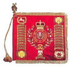 an old red and gold cloth with the coat of arms on it's side