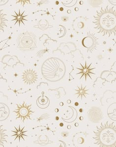 the sun, moon and stars are all drawn in gold on white paper with black ink