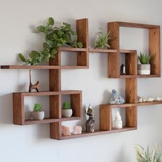 three wooden shelvings with plants on them against a white wall in a living room