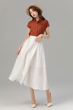 "Made from luxurious linen fabric, this skirt boasts a sophisticated wrap silhouette that adds a touch of elegance to any outfit. The crisp white color exudes freshness and versatility, making it ideal for both daytime and evening wear. Whether paired with a simple tee for a relaxed look or a blouse for a more polished ensemble, this skirt is sure to become a go-to piece in your closet. DETAIL * 100% Linen * Two pockets * Back elastic waist * Wrap linen skirt * Mid-calf Length * A Line skirt, Mi Closet Detail, Linen Skirt Outfit, Custom Skirt, Linen Wrap Skirt, Long Linen Skirt, White Linen Skirt, Linen Midi Skirt, Skirt Linen, White Long Skirt