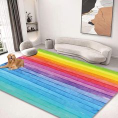 a dog is sitting on the floor in front of a rainbow rug that looks like it has been painted