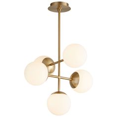 a brass chandelier with five white glass balls hanging from the bottom and one light fixture