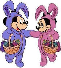 two cartoon characters dressed in bunny suits and holding baskets with an easter egg inside them