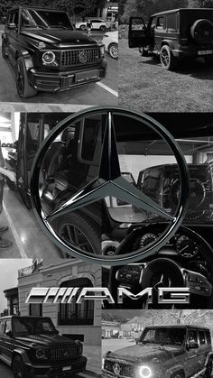 black and white photo collage with mercedes logo on the front, cars parked in parking lot