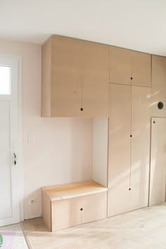 an empty room with wooden cabinets and drawers