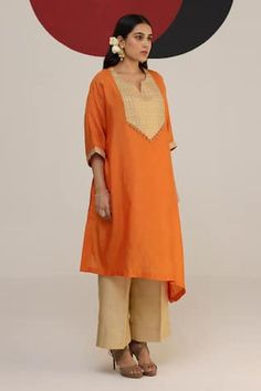 Rust orange asymmetric kaftan featuring a woven yoke with tassel details. Paired with a coordinating pant and inner., Fit: Relaxed Rust Orange, Pant Set, Set For Women, Aza Fashion, Pants Set, Types Of Sleeves, Rust, Custom Made, Silk