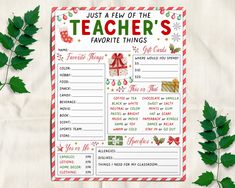 a teacher's favorite things list with holly leaves