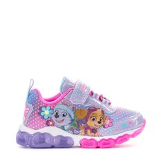 Engineered for fun, smiles, and all-day play. The Paw Patrol toddlers' athletic shoes are lined with a comfortable soft fabric, cushioned with a comfortable midsole, and have a rubber sole with a bumper toe for durability. Nothing can stop your toddler from enjoying their day with these cute athletic shoes on their feet. Hook-and-loop strap closure with an elastic front. Textile and synthetic upper. Soft fabric lining. Heel pull-tab. Bumper toe. Cushioned insole. Molded translucent midsole. Rubb Non-slip Sneakers For Jogging, Non-slip Round Toe Jogging Sneakers, Scratch-resistant Round Toe Sneakers For Jogging, Purple Synthetic Running Shoes With Rubber Sole, Multicolor Non-slip Sneakers For Playtime, Playful Lace-up Sneakers For Sports, Playful Lace-up Sports Sneakers, Playful Purple Low-top Sneakers, Playful Synthetic Sneakers With Rubber Sole