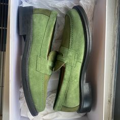 *Still Available* Size Is Mens Us 7 - This Model Runs Big So It Fits Like A Us 8. These Are The Early Version Of This Loafer With Full Leather Sole, Unlike The Recent Versions That Have Rubber Soles. Worn Only Once, No Major Flaws Though. Comes With Box And Dust Bag. Green Goodyear Welted Leather Shoes, Green Slip-on Moccasins For Business, Green Leather Moc Toe Loafers, Green Business Loafers With Leather Sole, Green Dress Shoes With Rubber Sole For Office, Office Green Dress Shoes With Rubber Sole, Green Office Dress Shoes With Rubber Sole, Green Leather Sole Loafers With Plain Toe, Classic Green Tassel Loafers With Round Toe