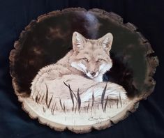 a painting of a fox sitting on top of a tree stump with grass in the foreground