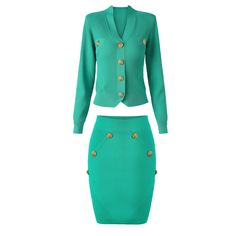 skirt set Elegant V-neck Workwear Sets, Spring Skirt Suit With Buttons And Long Sleeves, Chic Fall Skirt Suit With Buttons, Fitted Office Wear Sets With Button Closure, Green Buttoned Workwear Set, Elegant Two-piece Skirt Suit For Formal Occasions, Elegant Long Sleeve Winter Sets, Green Buttoned Sets For Workwear, Formal Elegant Two-piece Skirt Suit