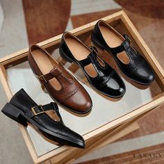 Lasaky - Hollow Out Round Toe Belt Buckle Single Shoes Low Heeled Mary Jane Vintage Shoes Matte Black Paint, Mary Jane Shoes Flat, Oxford Boots, Brown Leather Shoes, Oxford Shoes Men, Leather Oxford Shoes, Low Heel Shoes, Paint Finish, Poses References