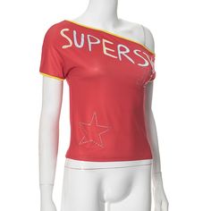 Red Superstar One Shoulder Top | Yuqi - (G)I-DLE Red S Trendy Red T-shirt For Sports, Red Stretch Tops With Graphic Print, Red Tops With Letter Print For Sports Season, Red Stretch Top With Graphic Print, Red Sports T-shirt For Spring, Sporty Red T-shirt For Summer, Red Sports T-shirt For Summer, Y2k Red Graphic Print Top, Red Harajuku Style Graphic Print Top