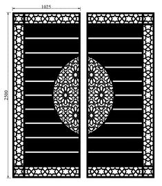 two panels with an intricate design in black and white, one panel has a circular motif on