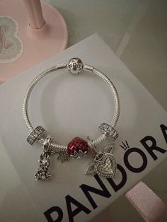 pandora charms, tiffany and co, silver jewlery, lana del rey, coquette, ballet core, sparkle, angel wings, cupid, heart charm, strawberry charm, cherry, lily rose depp Strawberry Pandora Charm, Pandora Rose Charm, Lana Del Rey Coquette, Coquette Ballet, Pandora Bangle Bracelet, Cupid Heart