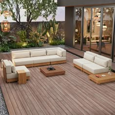 an outdoor living room with wooden flooring and furniture